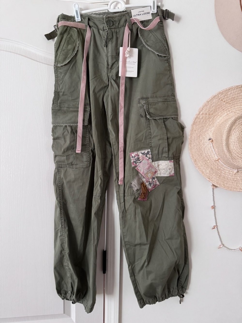 Abercrombie & Fitch Olive Cargo Joggers with Pink Tie Detail